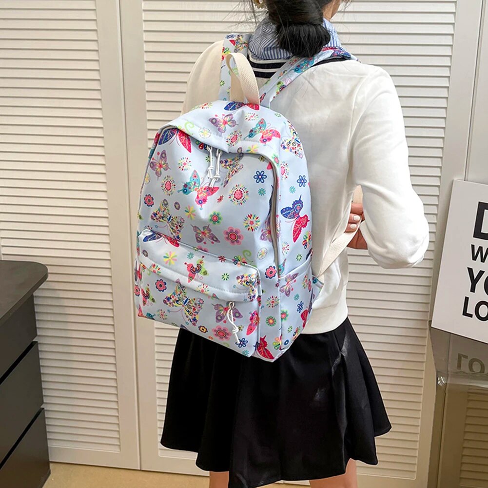 School for Girls Teens Women Laptop Knapsack Cute Butterfly Floral Backpack Nylon Large Student Book Bags 2023_voghion.com