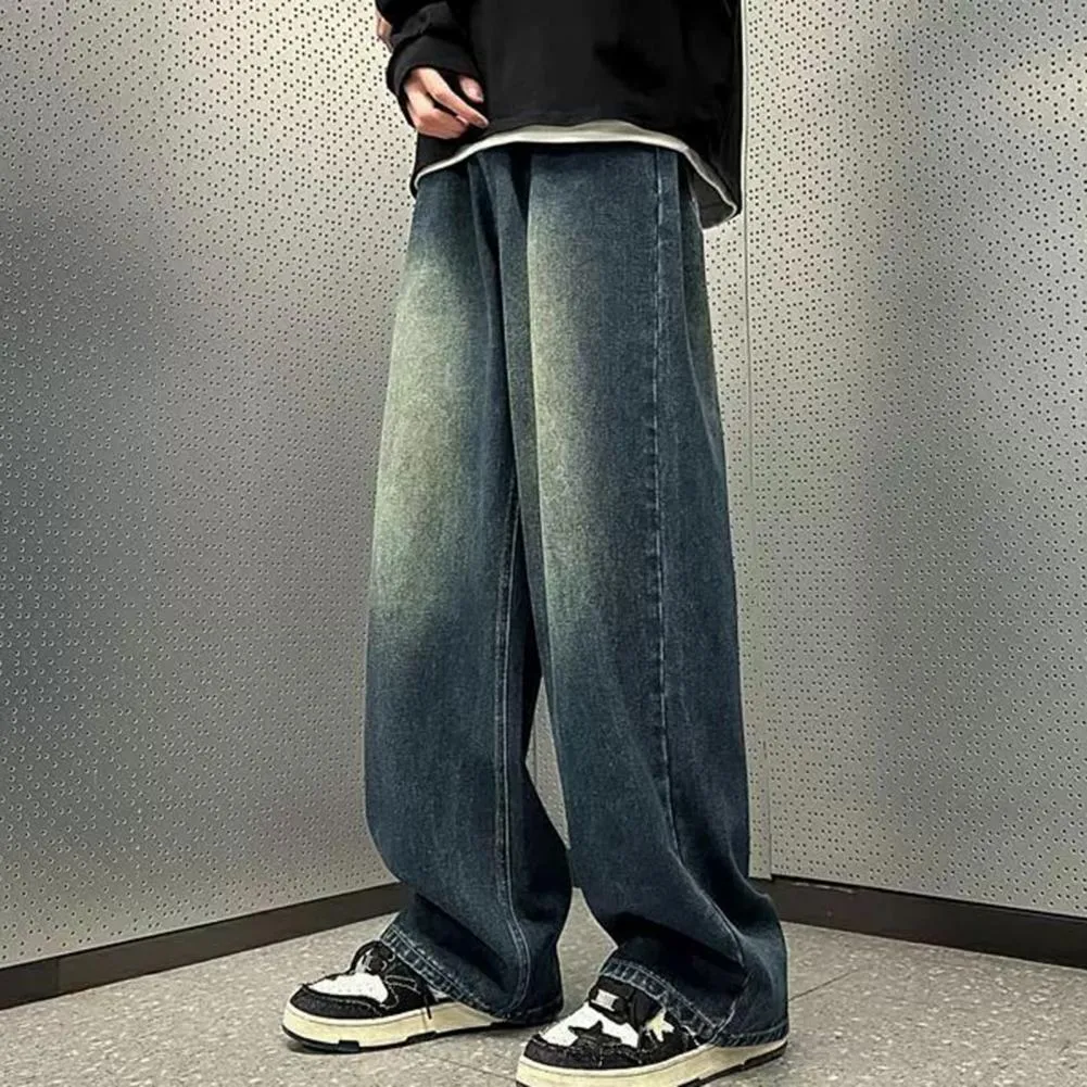 Men's Jeans Men Retro Washed Blue Hop Denim Trousers With Gradient Contrast Color Wide Leg Pockets High Street Style For_voghion.com