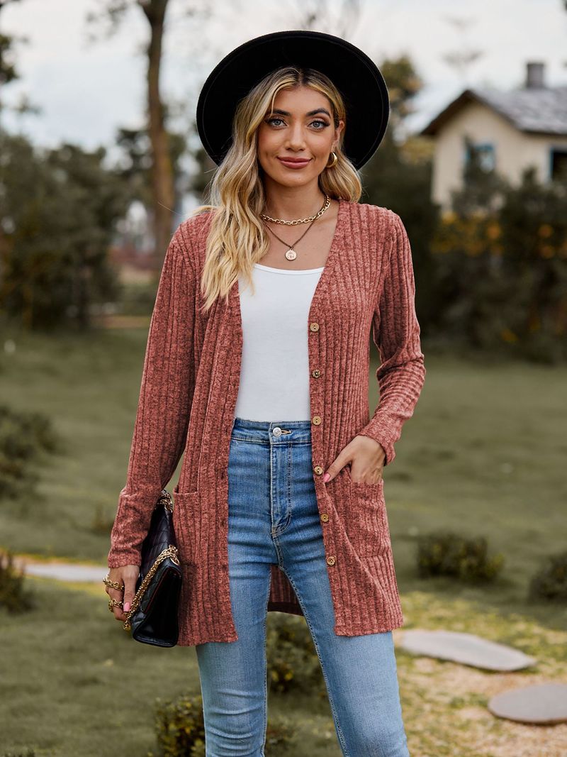 Neue kleidung gebürstet pit streifen einfarbig langarm frauen strickjacke jacke_voghion.com