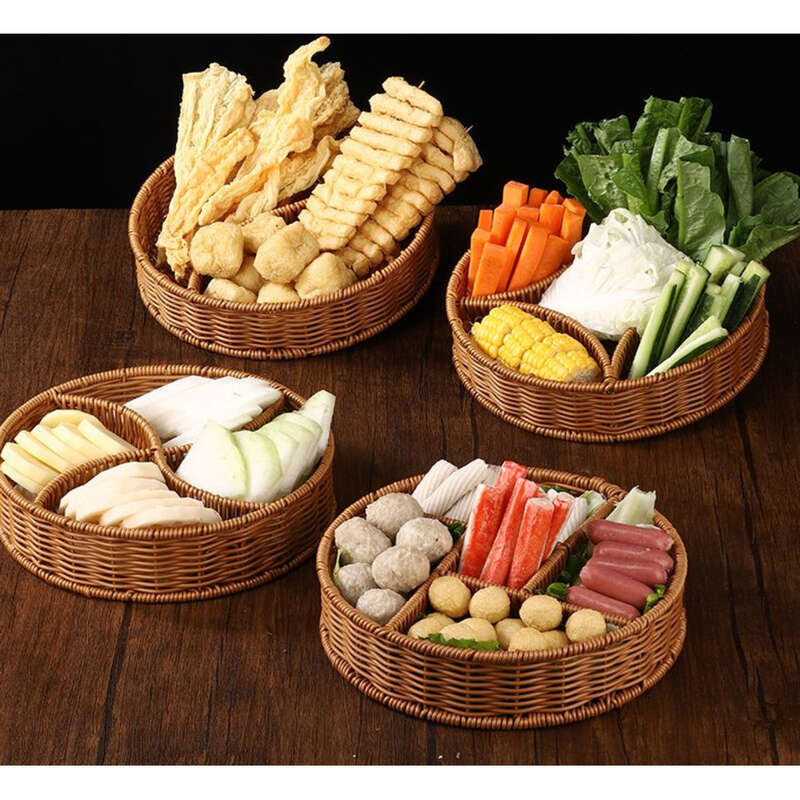 Chinese Textile Rattan Woven Platter, Hotpot, Vegetables, Mushrooms, Ingredients, Dividing Plate, Self-service_voghion.com