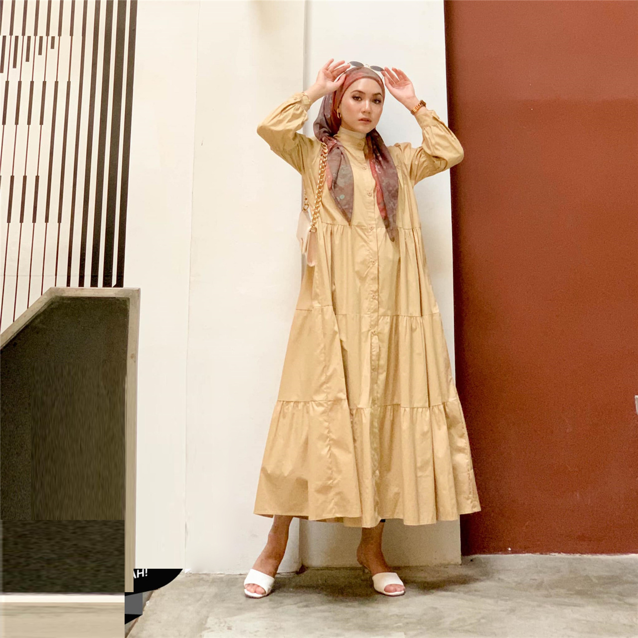M209 # Malay Indonesian Cotton Patchwork Dress Muslim Solid Color Casual Loose Fitting Skirt_voghion.com