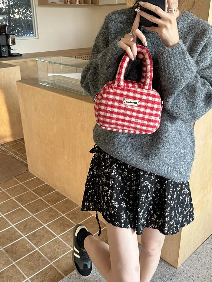 Xiuya Vintage Süße Handtasche für Damen Rot Kariert Buchstaben Weiche Kawaii Crossbody Herbst Winter Schultertasche 240816_voghion.com