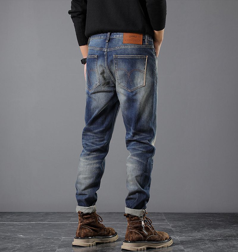 Heren Slim-fit Small Broek Herfst en Winter Red-eared Denim Rechte Broek_voghion.com