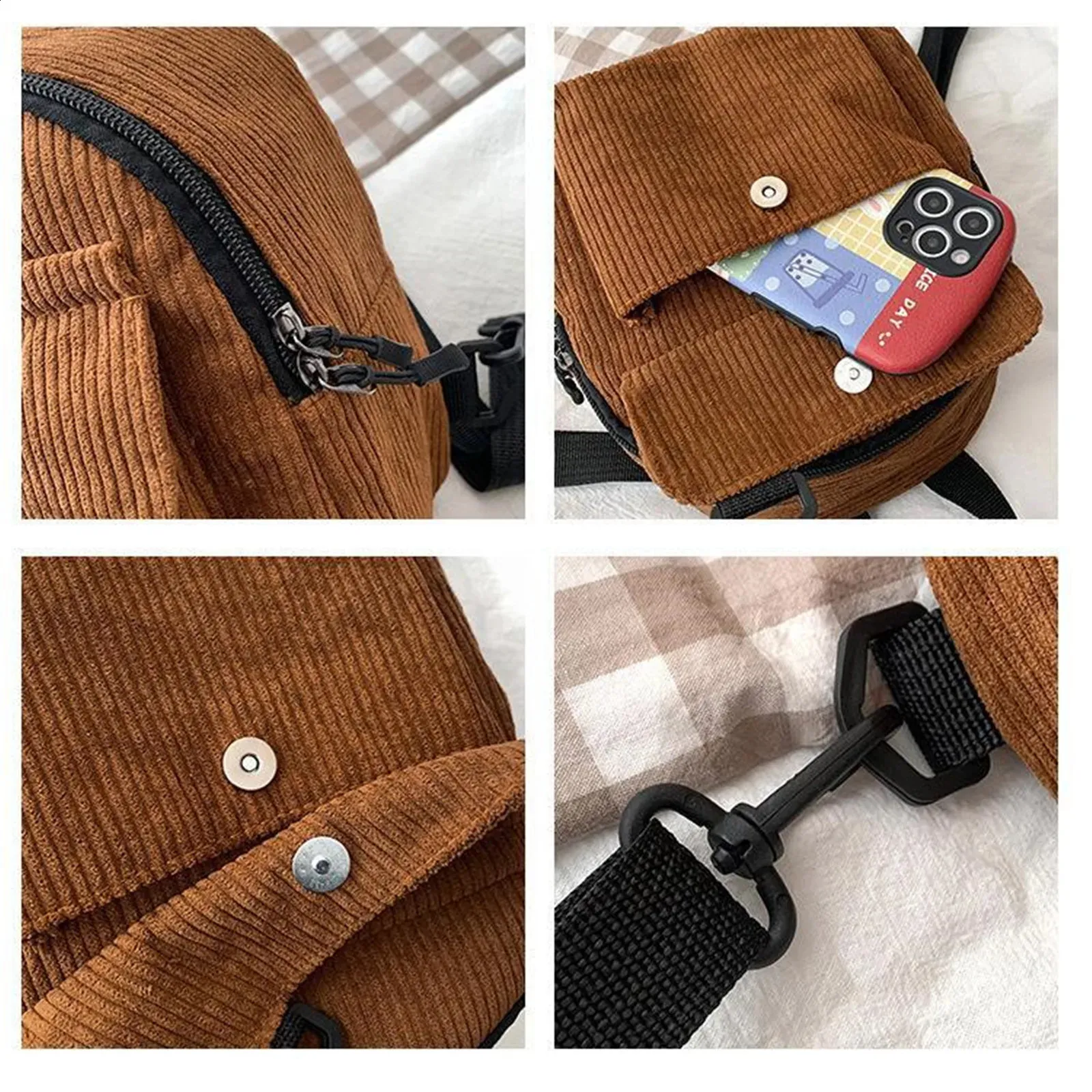 Mini-Rucksack für Damen, modisch, einfarbig, Cord, schlicht, lässig, für Reisen, große Kapazität, Schultasche für Damen 240820_voghion.com