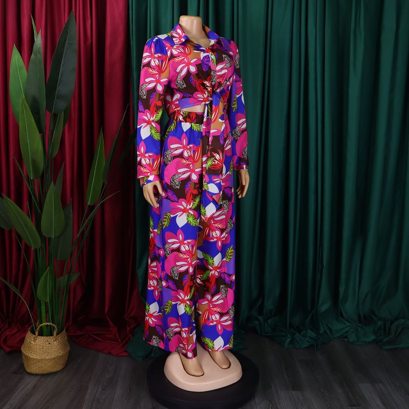 Women's Fashion Print Two-piece Lapel Tie Shirt Wide Leg Pants Suit_voghion.com