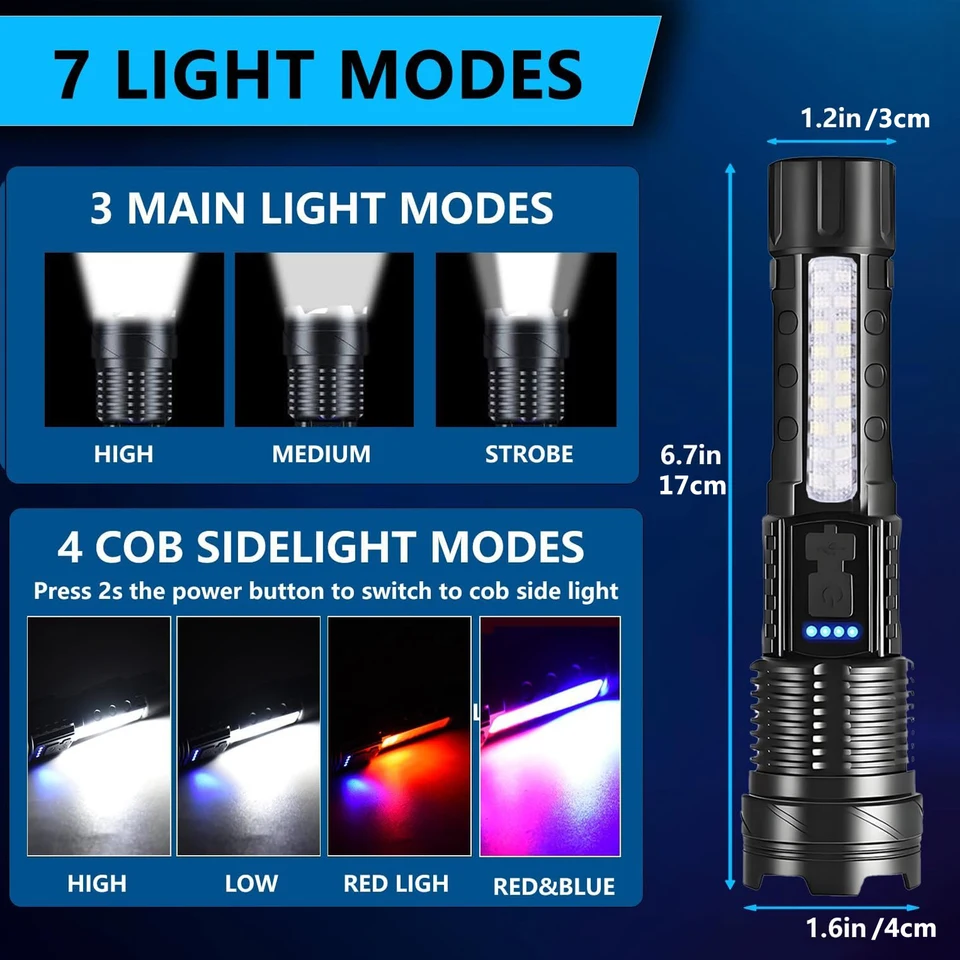 Lampe torche LED rechargeable, lampe torche portable ultra-lumineuse, 7 modes avec éclairage de travail COB, lampe torche tactique pour la maison_voghion.com