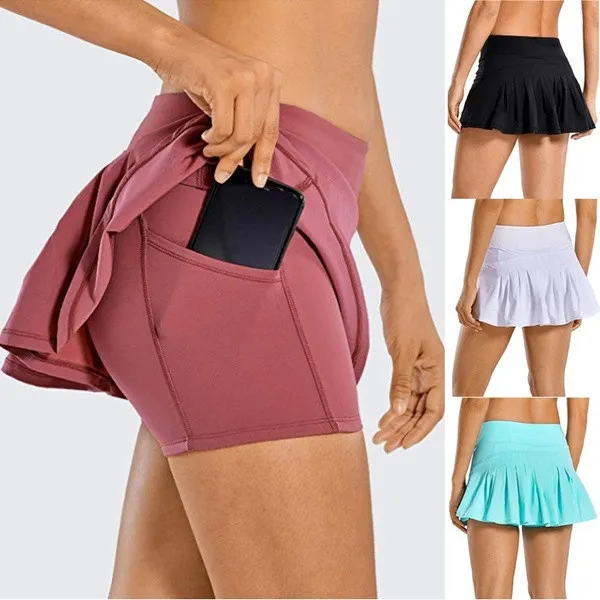 Tennis Skirts Pleated Yoga Skirt Gym Clothes Women Running Fiess Golf Pants Shorts Sports Back Waist Pocket Zipper_voghion.com