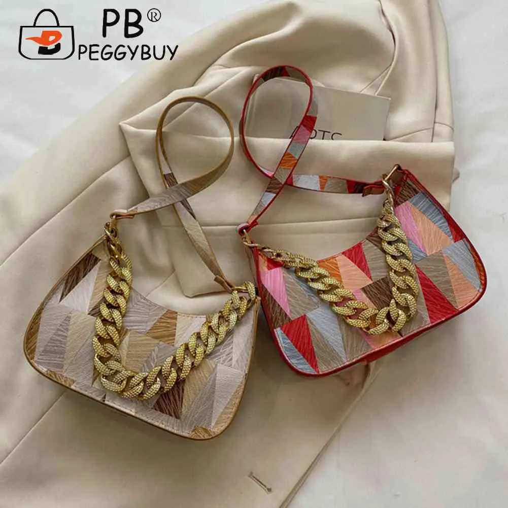 Borsa a tracolla da donna in pelle PU con tracolla spessa, stampa triangolare colorata, elegante e alla moda per i viaggi._voghion.com