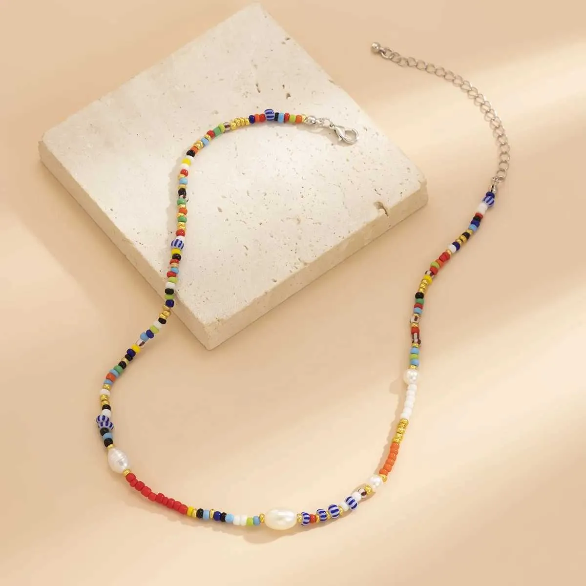 Colliers pendentifs nouvelle mode coréenne colorée mignonne perles de rocaille chaîne collier ras du cou pour femmes perles simulées baroques_voghion.com