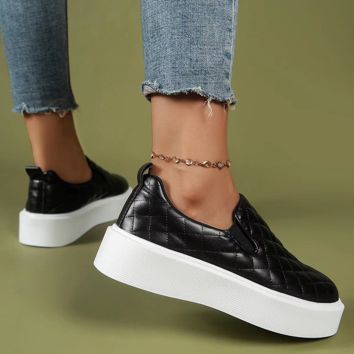 Damenmode große Größe flache flache runde Kopf niedrige karierte Einzelschuhe für Frauen einfache einfarbige Fußset faule Halbschuhe_voghion.com
