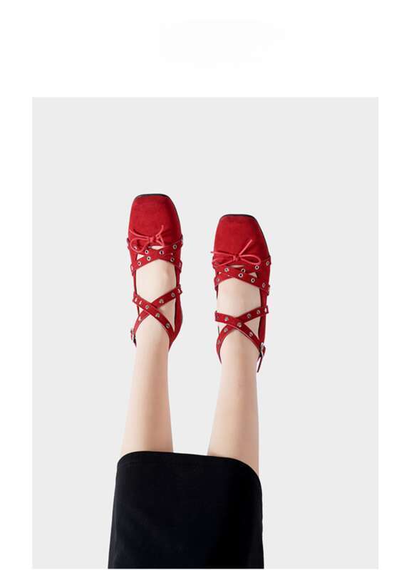 Chaussures simples à nœud rouge, chaussures françaises 2025, rivets de printemps, boucle de ceinture, ballerines_voghion.com