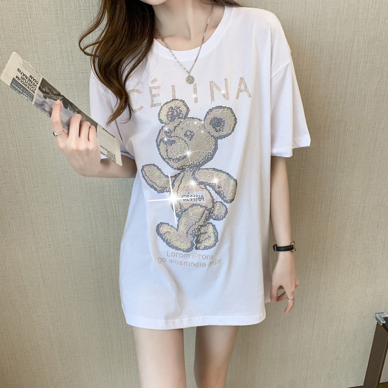 T-shirt estiva a maniche corte nera Bear Hot Diamond da donna in cotone pettinato, versione ampia di media lunghezza_voghion.com
