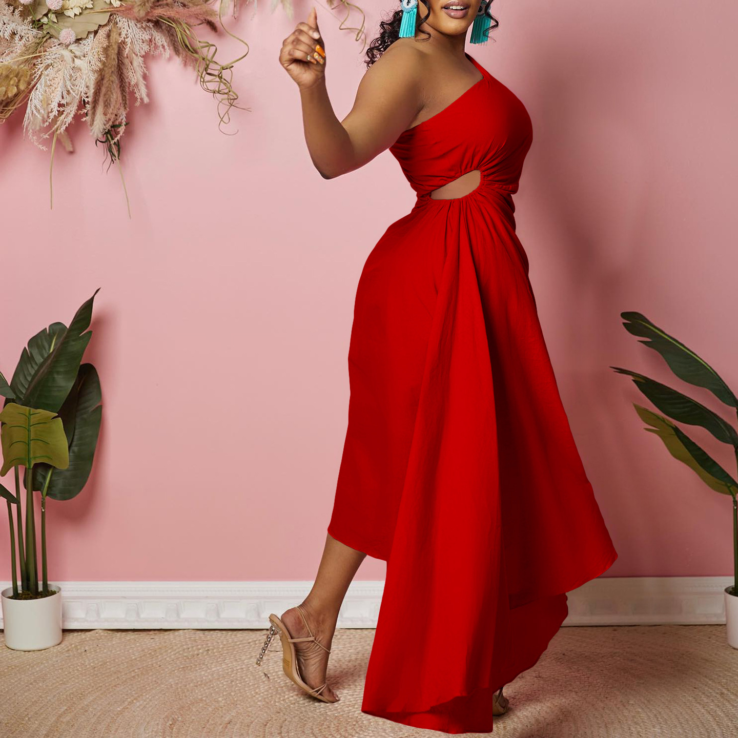 Women's Clothing new one shoulder hollow solid color irregular large size dress_mkmklike.com