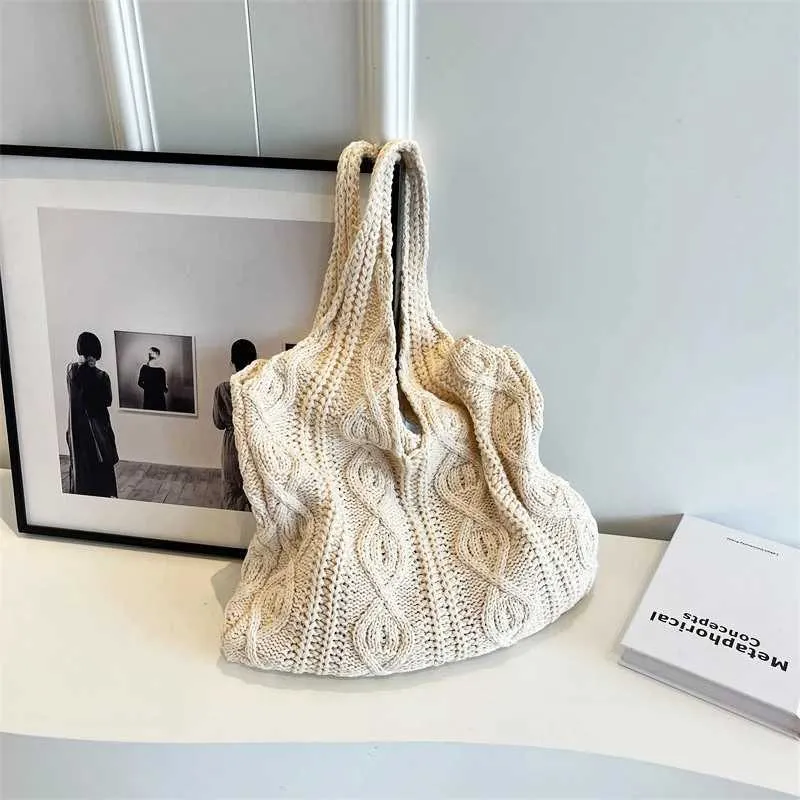 New Vintage Wool Knitted Hand Woven Shoulder Bag For Women Casual Shopping Handbag Large Capacity Female hetC241105_voghion.com