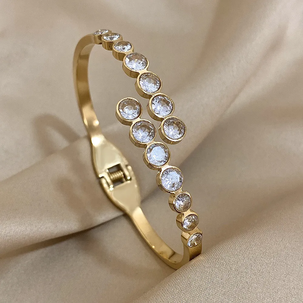 Pulsera de acero inoxidable con incrustaciones de circonita y cuentas redondas para mujer, brazalete de color dorado y plateado_voghion.com
