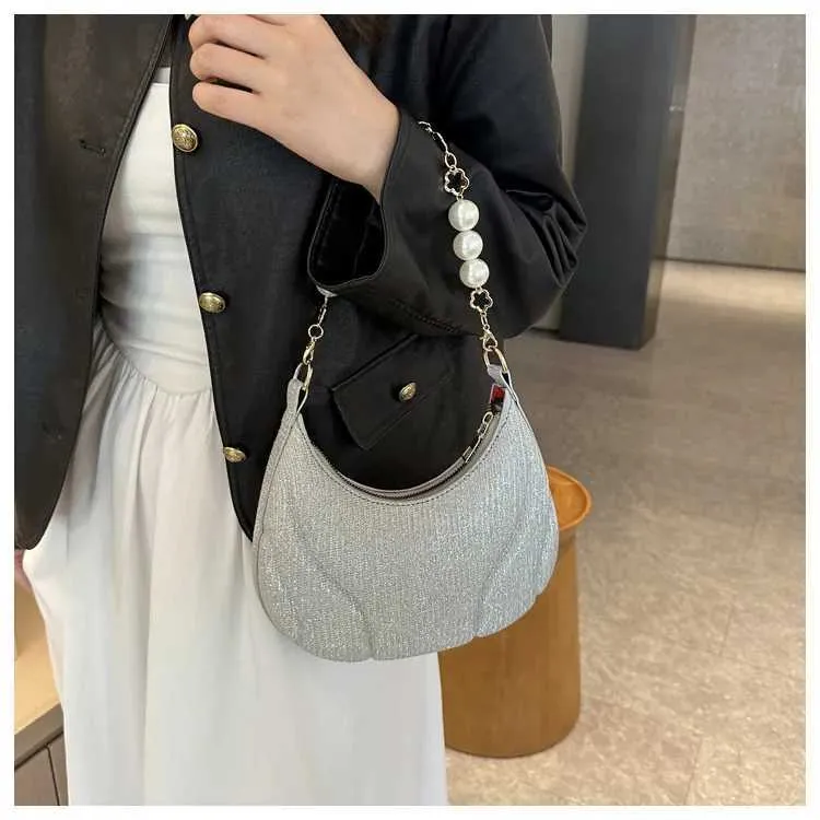 Sac à bandoulière simple en cuir PU pour femme avec chaîne en perles pailletées de couleur unie Ba241214_voghion.com