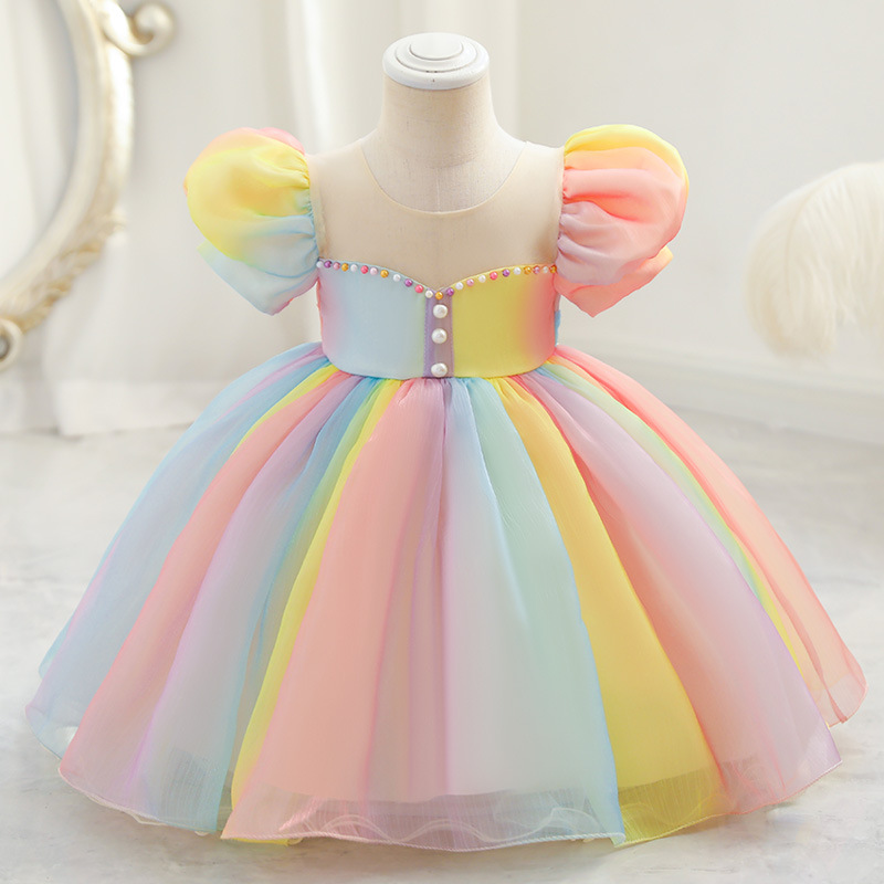Girls' One Year Old Dress Tutu Skirt Summer Baby Girl Puff Sleeve Princess Dress Children's Rainbow Gradient Dress