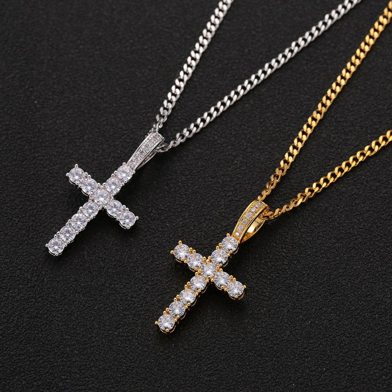 Men's Hip Hop Cross Pendant Necklace With Cubic Zirconia, Bling Cuban Chain For Trendy Streetwear Style