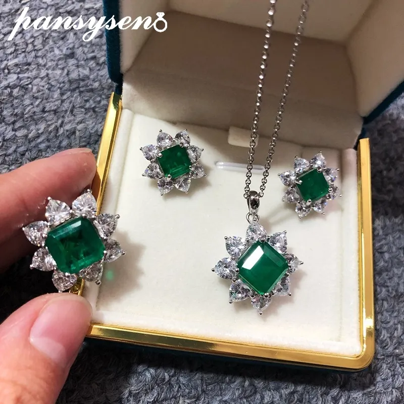 PANSYSEN Solid Sterling Sier Jewelry Set for Women Vintage Emerald diamond Anniversary Party Necklace/Earrings/Ring Sets_voghion.com