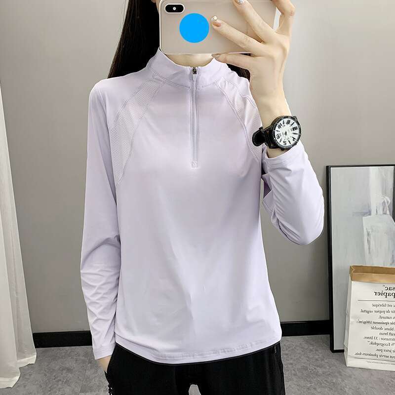 Maglietta sportiva da donna per la primavera e l'estate, leggera ed elastica, traspirante, con collo alto, a maniche lunghe._voghion.com