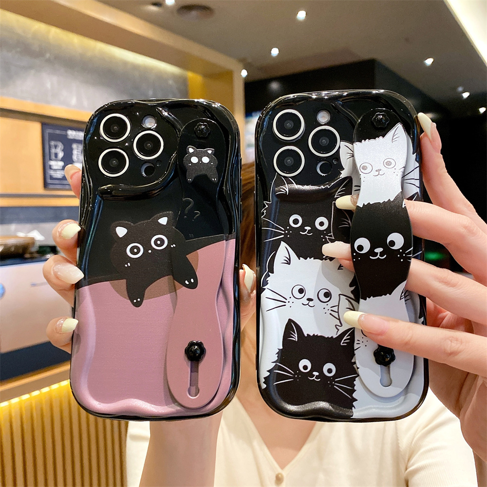 For 3D Wave Case Compatible For I16 15 14 13 12 11 PRO MAX XR XS X 8 7 6 6S PLUS Quakeproof Simple Black Cat Watchband Case_voghion.com