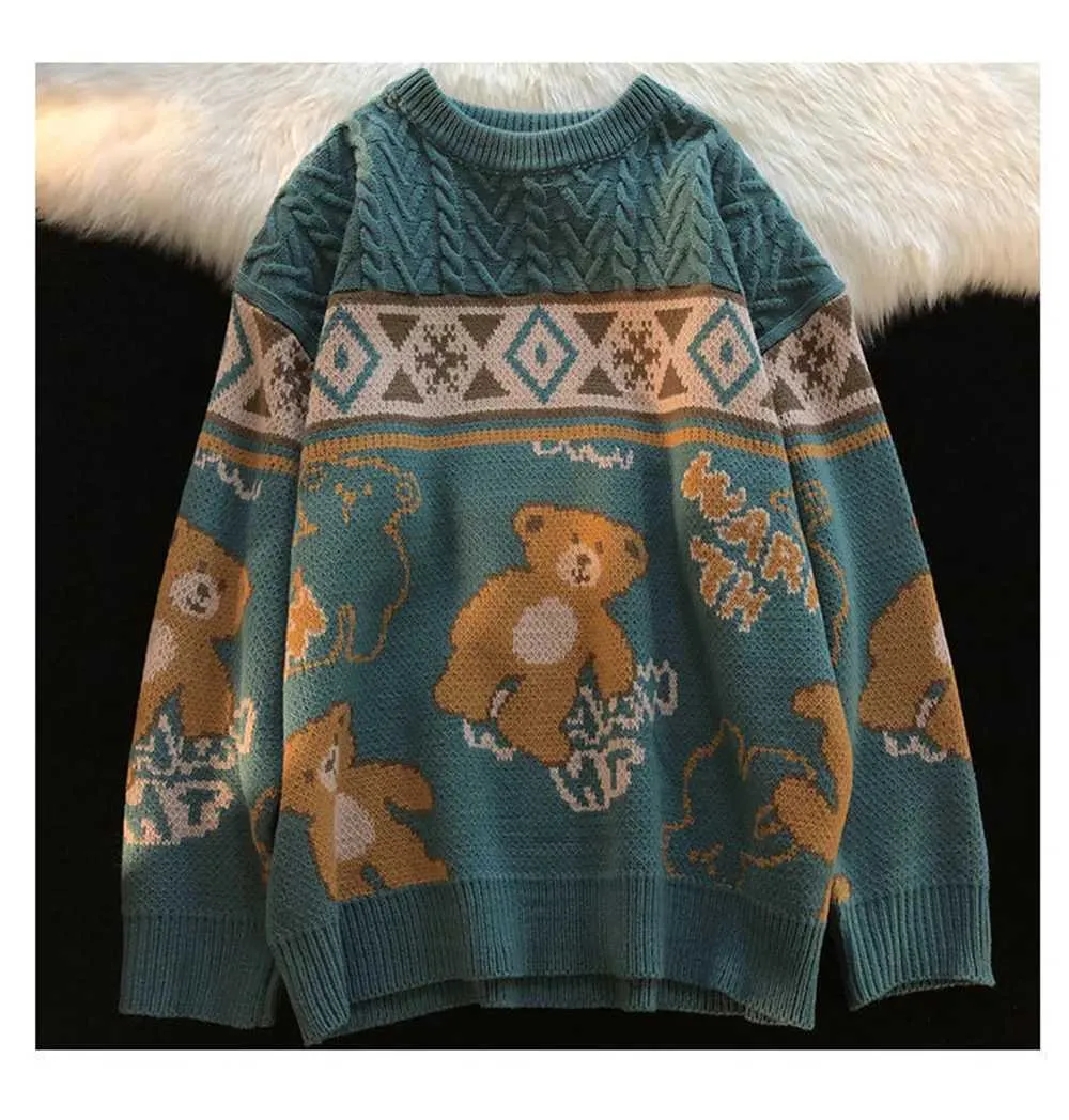 Niedlicher Bär Übergroßer Herren High Street Stricktop Herbstpullover Lose Haruku Kawaii Weiß Damen Paarpullover_voghion.com