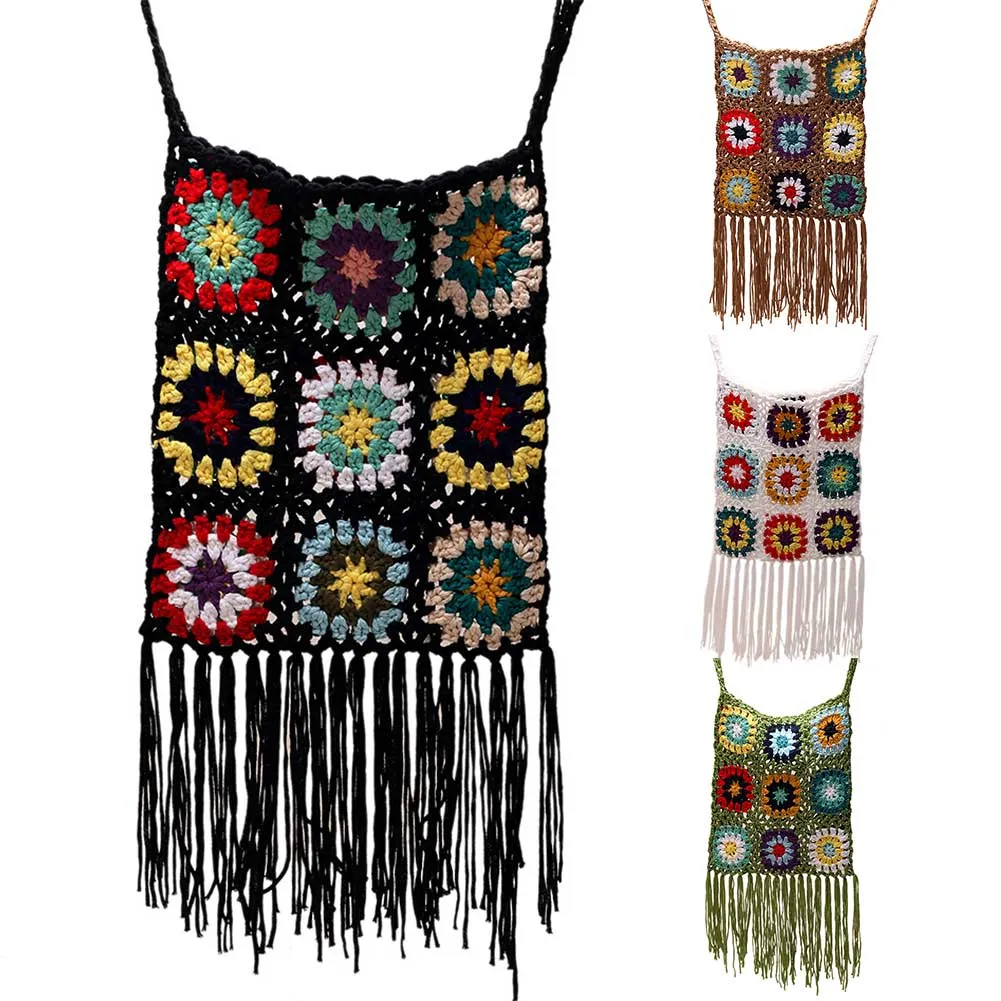 Borsa a tracolla da donna in maglia a traliccio con nappa, stile etnico, bohémien, morbida e traforata, intrecciata_voghion.com