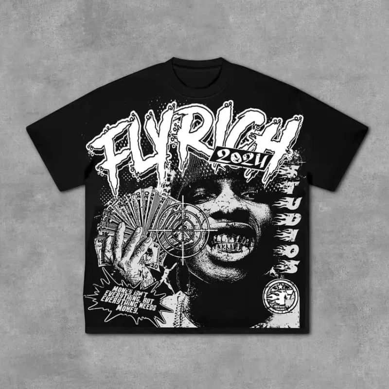 Men's T Shirts Fly Rich Abstract Human Face Graphic Cotton T-Shirt Men Y2K Summer Short Sleeves Oversize Tshirt_voghion.com