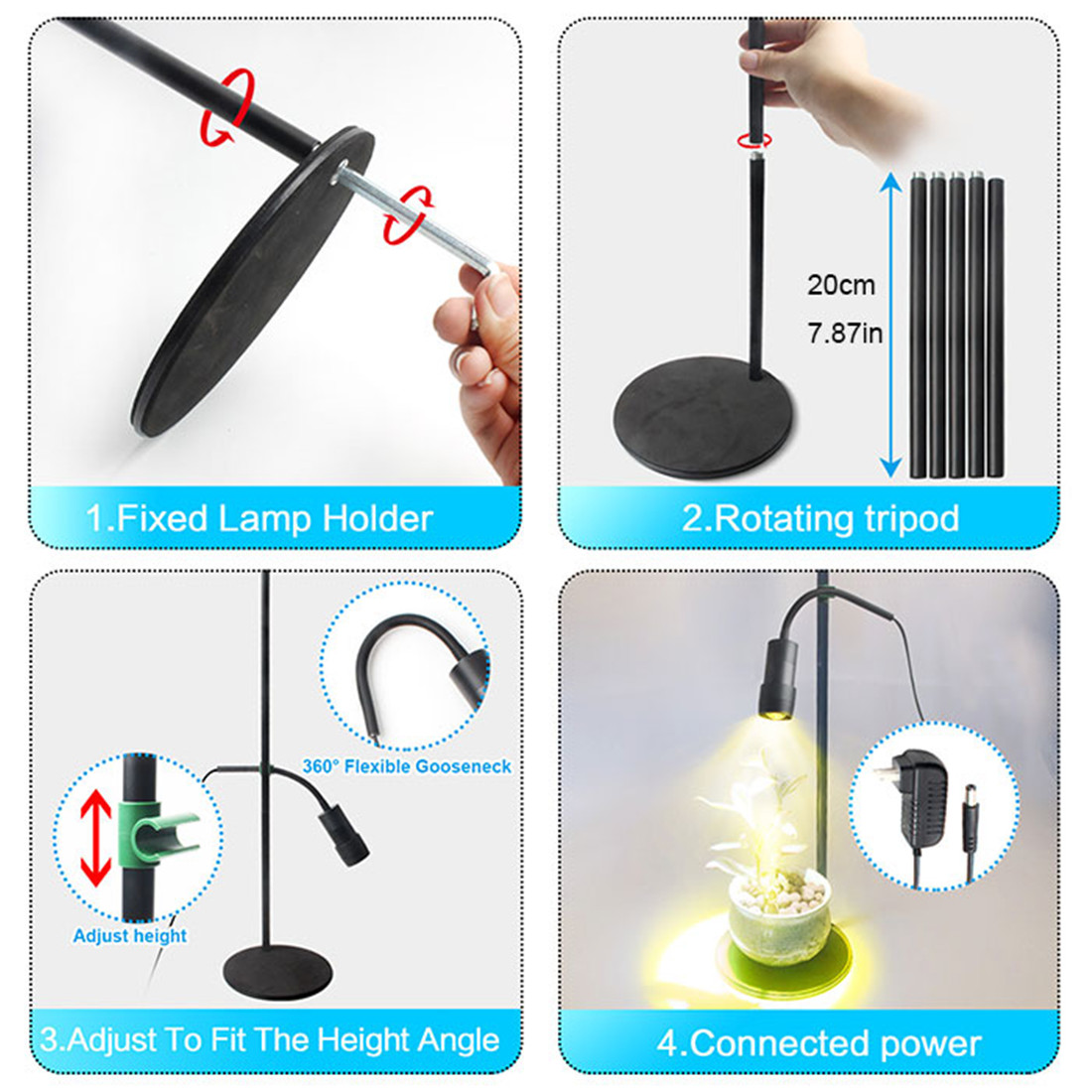 Adjusted Height Zoomable 10W LED Grow Light with 3/6/12H Timmer Desktop Floor 5 Step Dimmable Full Spectrum Plant Growing Lamp_voghion.com