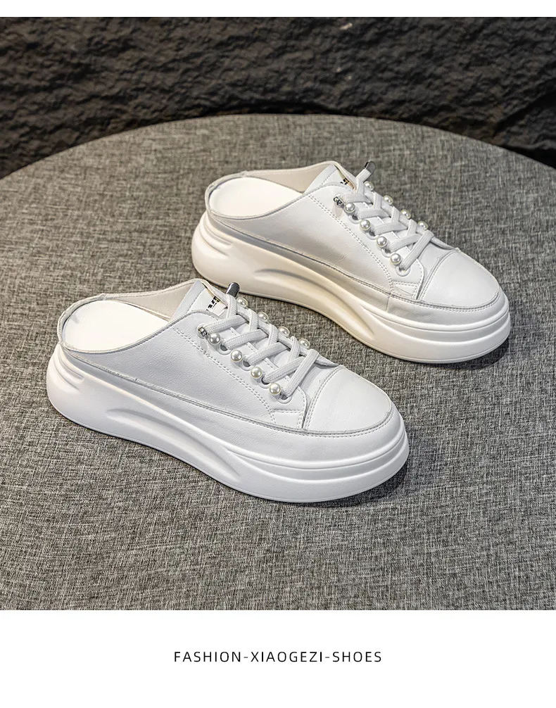 Genuine Leather Thick Soled Round Toe Half Slippers Heelless Lazy Casual And Fashionable Women Small White Shoes_voghion.com