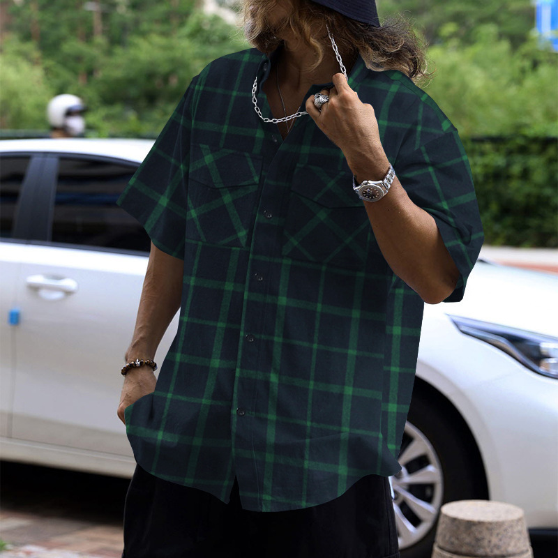2024 Men's Trendy Plaid Patchwork Buttoned Casual Sports Short Sleeve Shirt_voghion.com