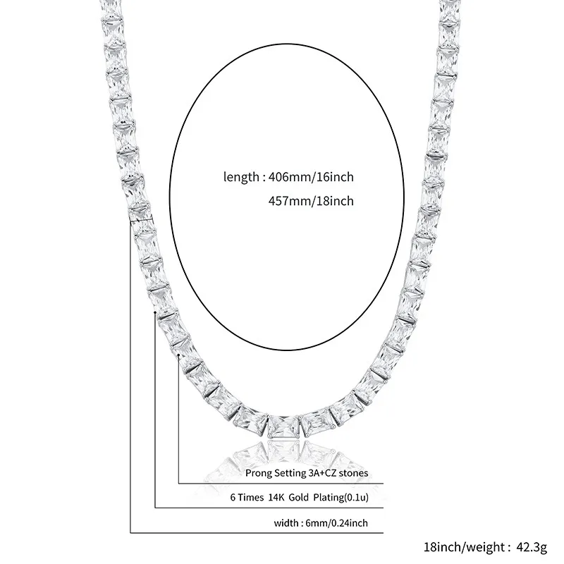 Cadenas de 6 mm con circonita cúbica brillante, cadena baguette, collar, pulsera, diamante cuadrado, joyería de oro de Hip Hop, bisutería, collar_voghion.com