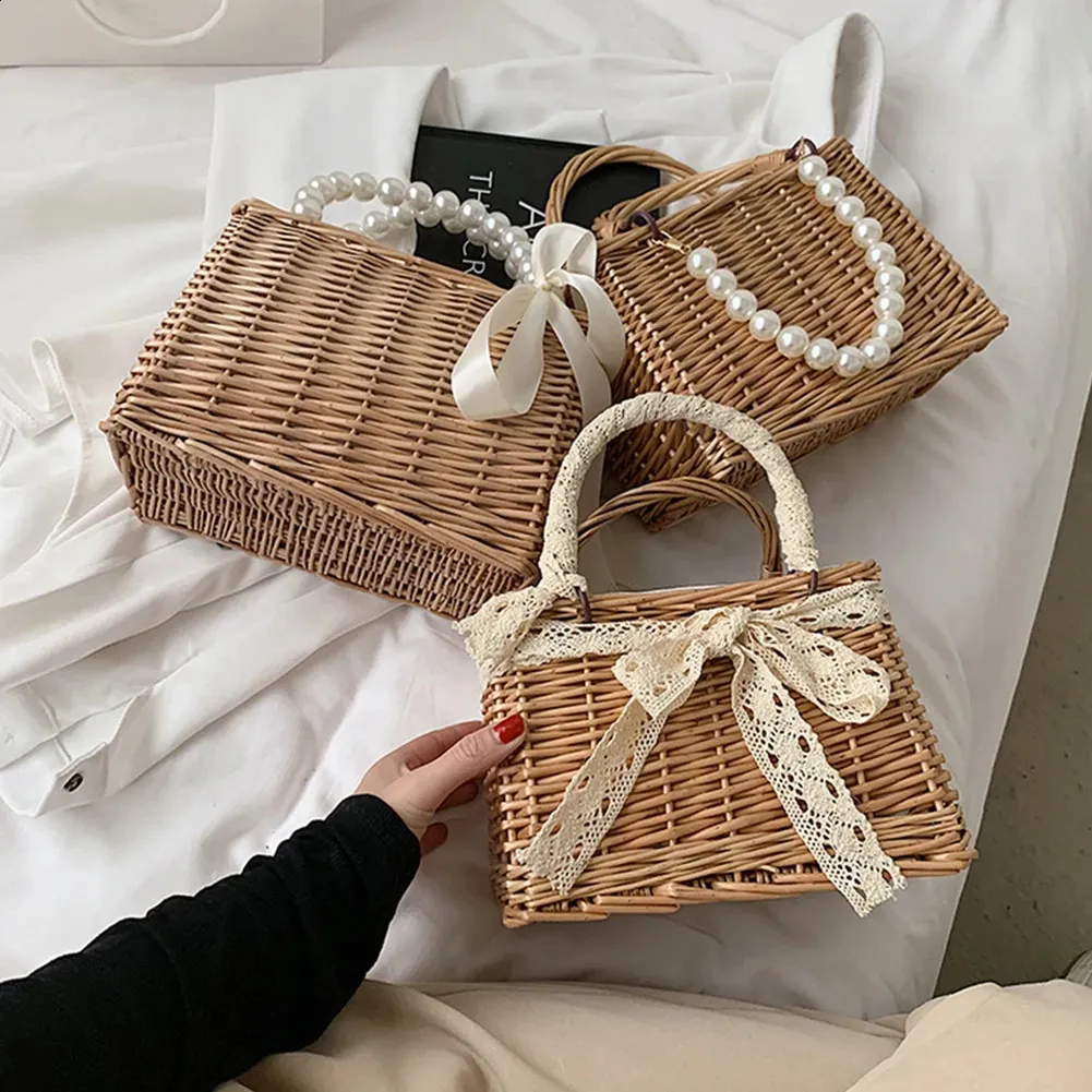 Damen Stroh und Handtaschen Sommer Rattan Handgemachte Tragetaschen Damen Bänder Sommer Strandkorb Perlen Reisetasche_voghion.com