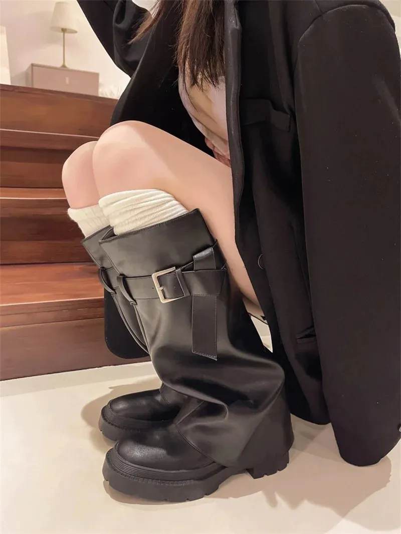 Design Sense Lång tub Tjocksulad Knight Fashion Retro Executive Pants Boots 240930_voghion.com