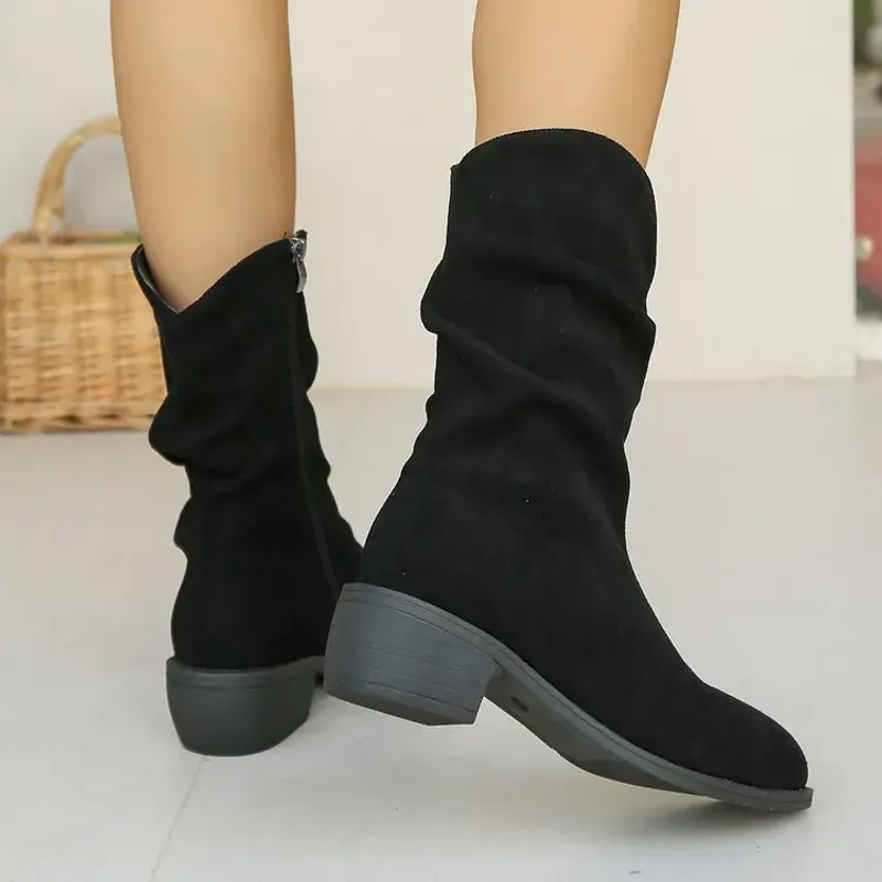 Retro Women Western Cowgirl Fashion Pointed Toe Shoes Autumn Winter Low Heel Ladies Knight Mid Calf Boots Botas De Mujer_voghion.com