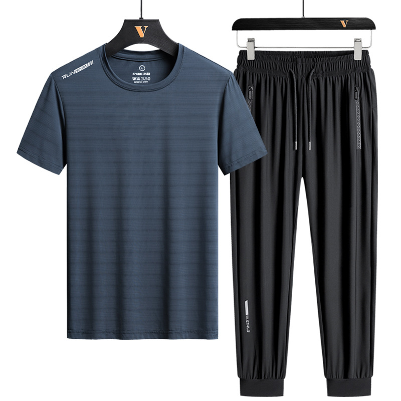 Men's Ice Silk Sports Suit Men's Youth Running Suit Quick-Drying Casual Short-Sleeved T-Shirt Trousers Sports Two-Piece Suit_voghion.com