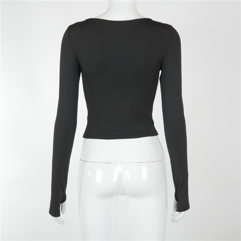 Plus Nine M20764T Winter New Irregular Hollow Diagonal Neck Long sleeved Open Navel Top for Women_voghion.com