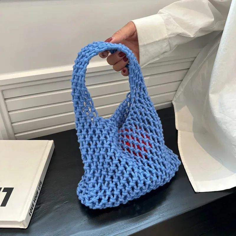 Lässige gewebte Damen-Umhängetaschen, gestrickte Handtaschen, große Kapazität, Shopper-Tasche, weibliche Strand-/Reise-Geldbörsen aus Baumwolle 240826_voghion.com
