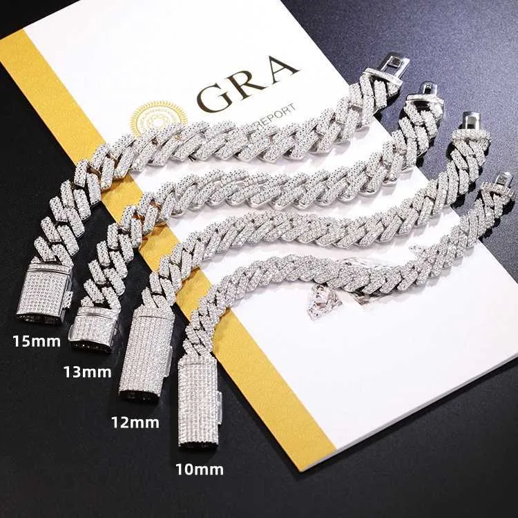 Bracciale in oro 13 mm di larghezza con diamanti moissanite ghiacciati, 2 file di catena cubana K, gioielli in argento Sterling_voghion.com