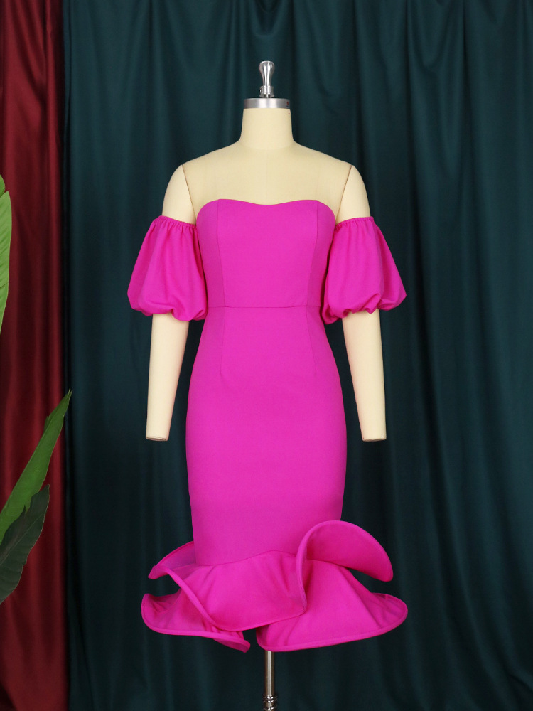 Rochie Midi cu volane, culoare solidă, tub, top, coadă de sirenă, sexy, cu umăr gol, mânecă scurtă și bufantă_voghion.com