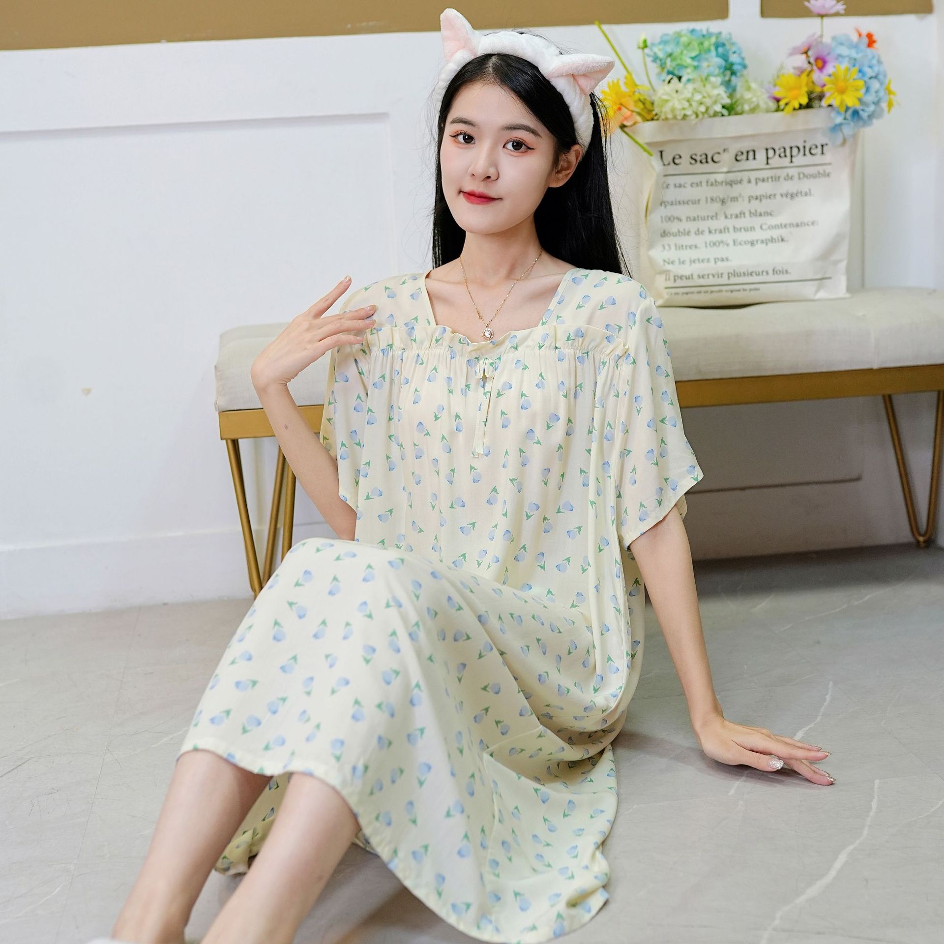 Indumenti da notte da donna Camicia da notte in cotone e seta da donna, dolce, carino, sottile, da indossare per la casa, gonna a maniche corte di grandi dimensioni_voghion.com
