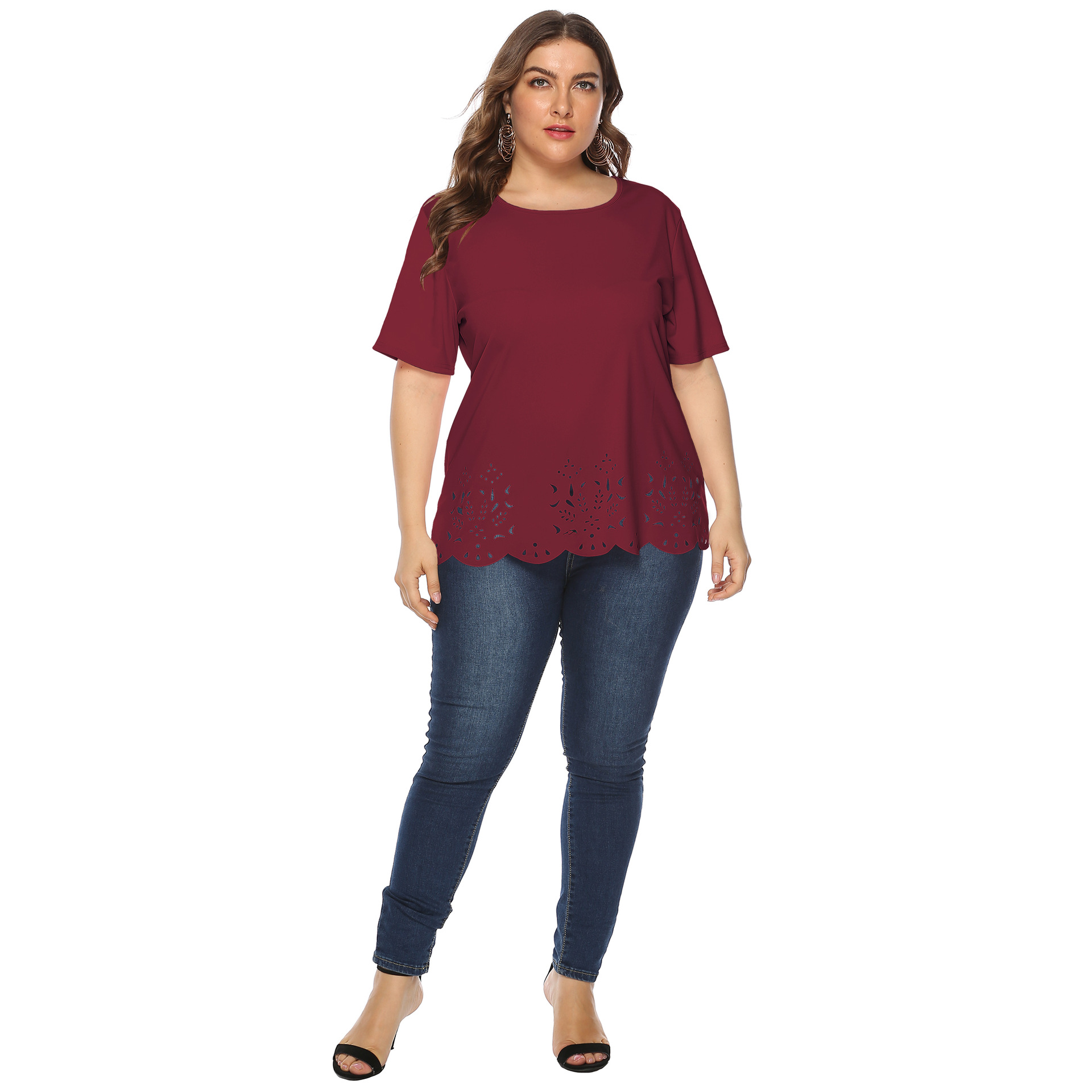 Women's tops large size women's clothing solid color burnt flower hollow wave edge casual short-sleeved T-shirt_voghion.com