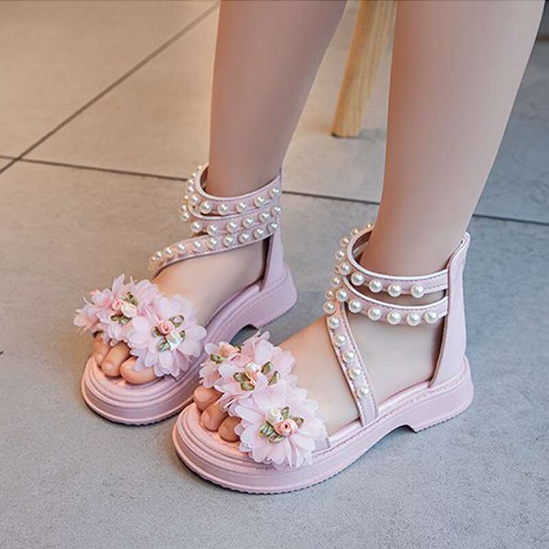 XUANMU Girls' Sandals Summer New Flower Fairy Style Princess Shoes For Party Wedding Show Fashion Soft Sole Elegant Beach Shoes Z0108_voghion.com