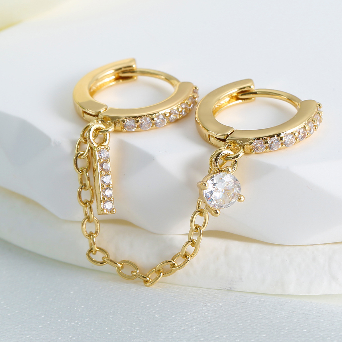 Double Ear Piercing Hoop Earrings - Single Row Diamond Studs With Ear Chain Tassel (Celebrity Niche Ear Buckles)