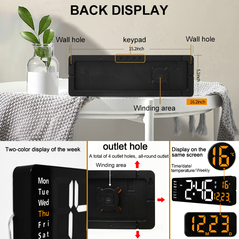Wall-Mounted Large LED Digital Wall Clock Temp Date Week Display Power Off Memory Table Clock With Remote Control For Household_voghion.com