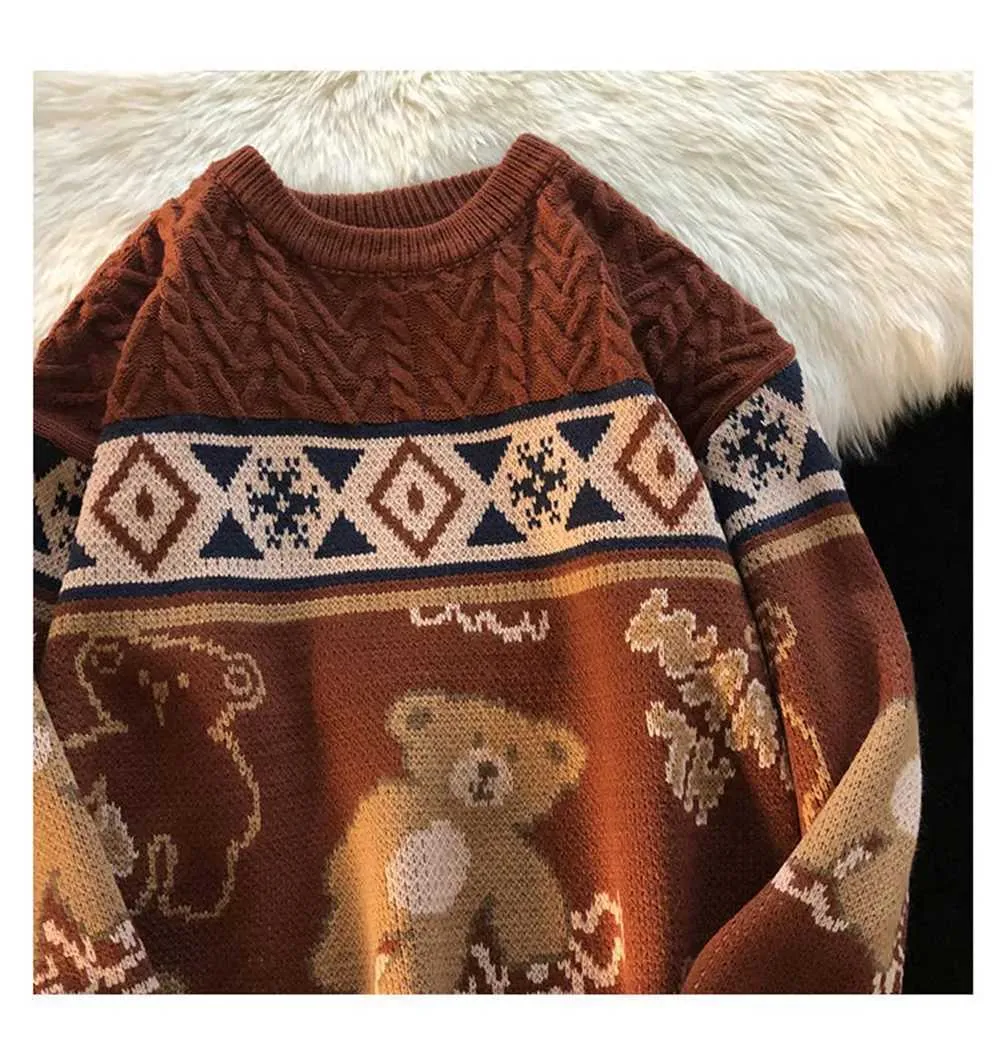 Niedlicher Bär Übergroßer Herren High Street Stricktop Herbstpullover Lose Haruku Kawaii Weiß Damen Paarpullover_voghion.com