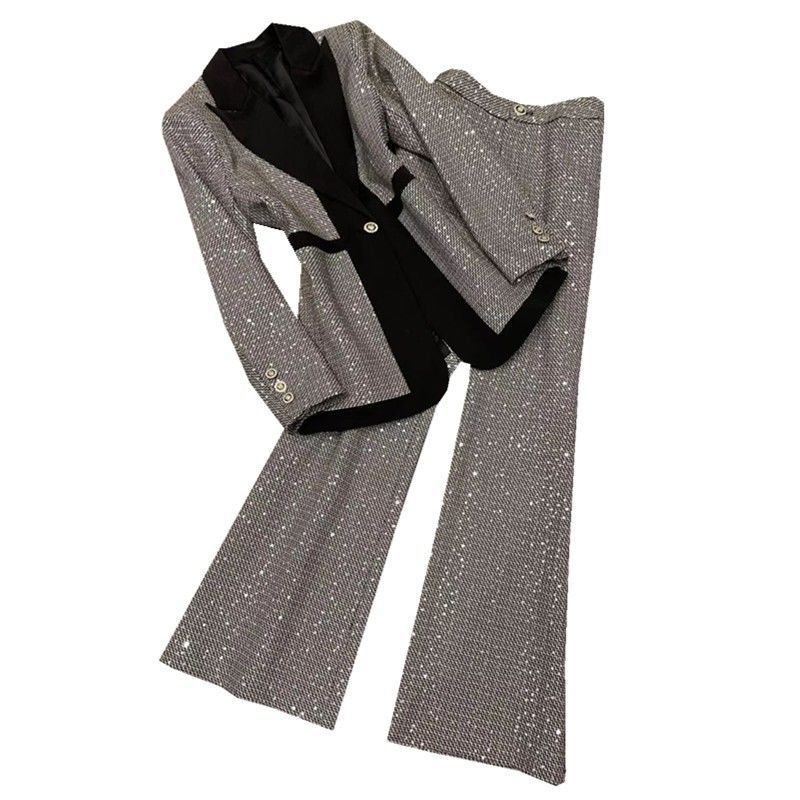 Damenbekleidung große Größe karierte farbecht passende Anzug Damen Frühjahr neue Stil Temperament schlanke hohe Taille ausgestellte Hosen_voghion.com