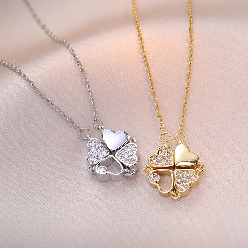 Collane vintage con quadrifoglio portafortuna per donna, stile gotico, ciondolo a forma di cuore, collana girocollo con catena in acciaio inossidabile._voghion.com