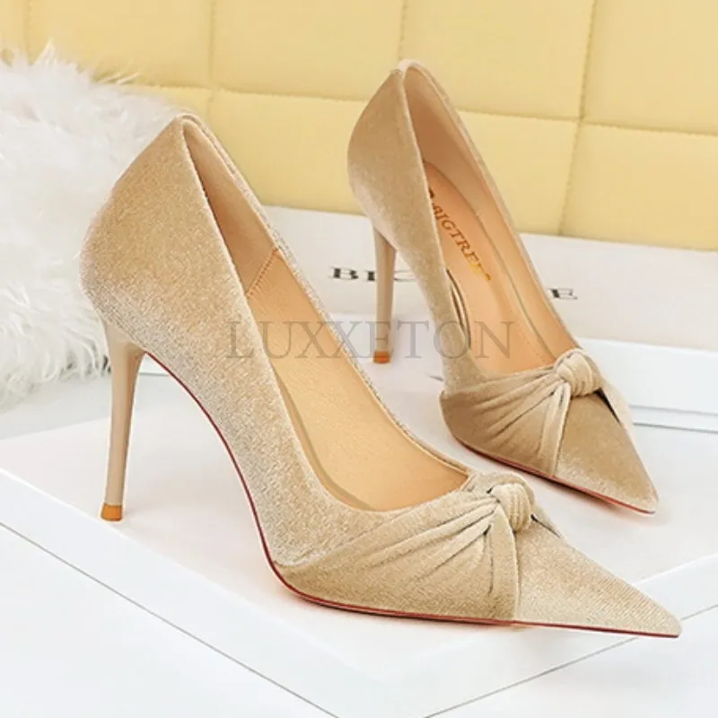 Suede Banquet Bow Pointed Toe Niche Minimalist Women High Heels Casual and Fashionable Versatile 10CM 34-43_voghion.com