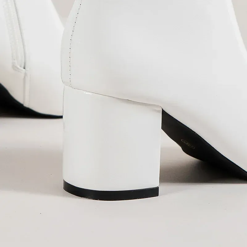 White Ankle Boots for Women Side Zipper Stretch Middle Heel Large Size Short Boot Fashion Pointed Shoes Botas De Mujer_voghion.com